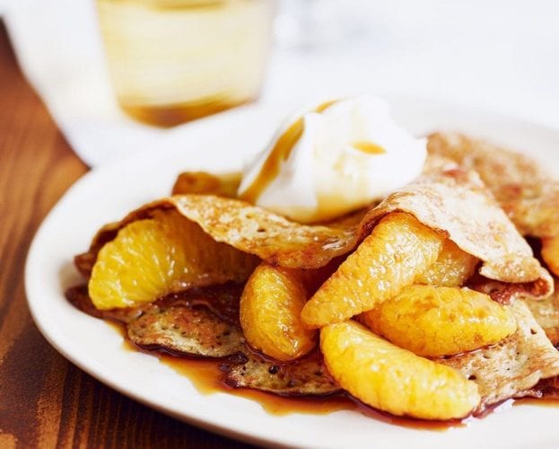 Pancakes with caramel oranges and crème fraîche