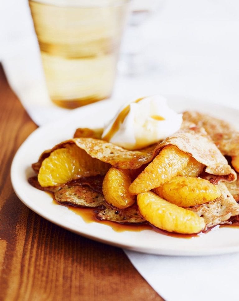 Pancakes with caramel oranges and crème fraîche