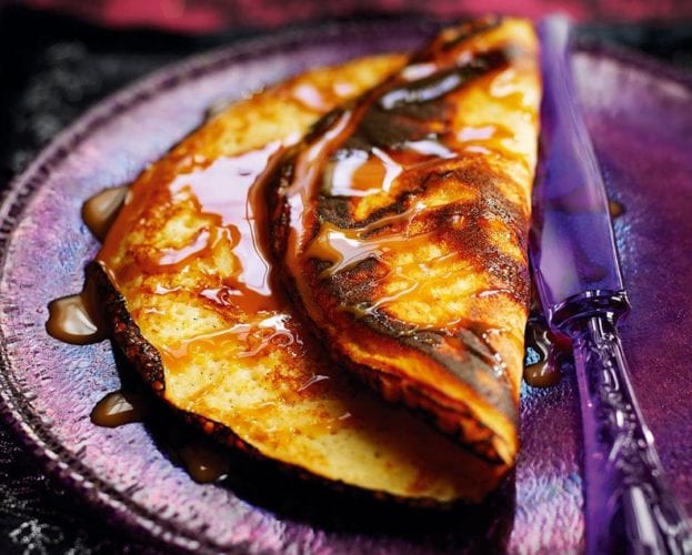 Apple pancakes with salted butter caramel sauce