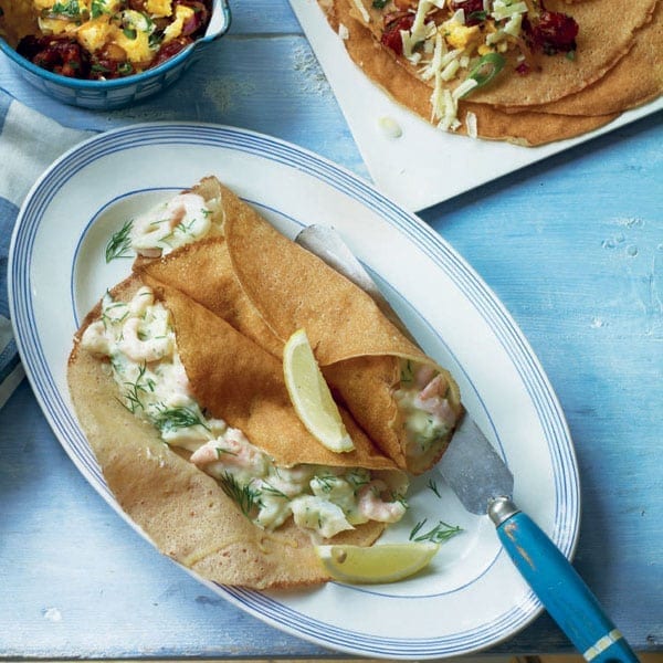 Creamy smoked haddock and prawn pancakes