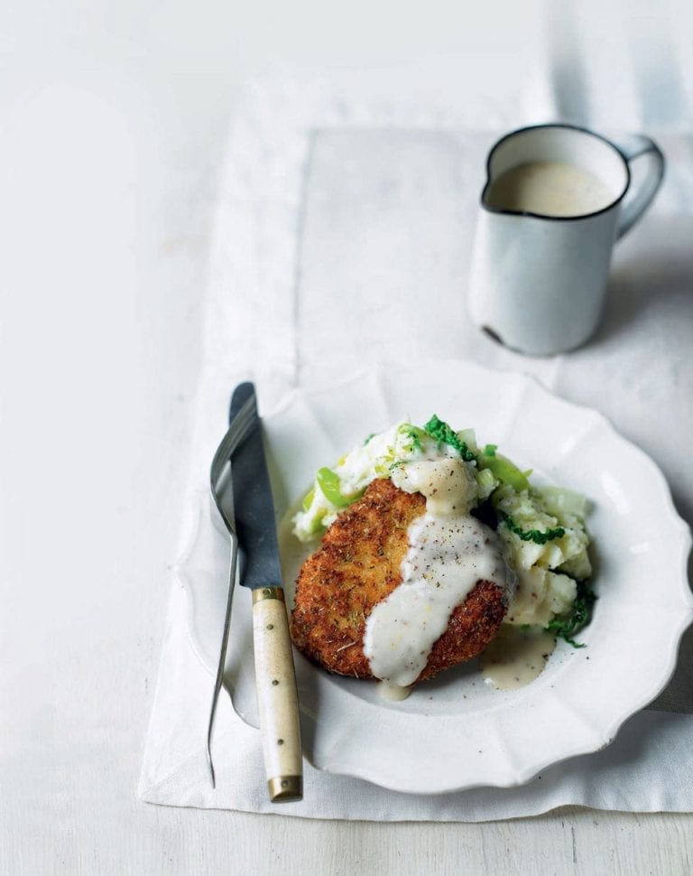 Crispy parmesan pork with creamy colcannon