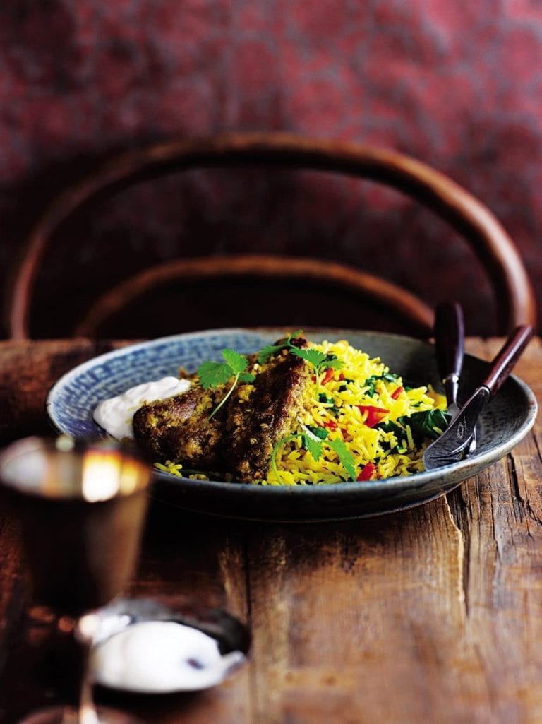 Lamb steaks with tomato and spinach pilau