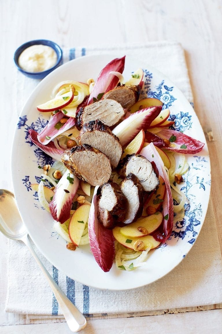 Pork fillet with fennel and apple salad and creamed feta