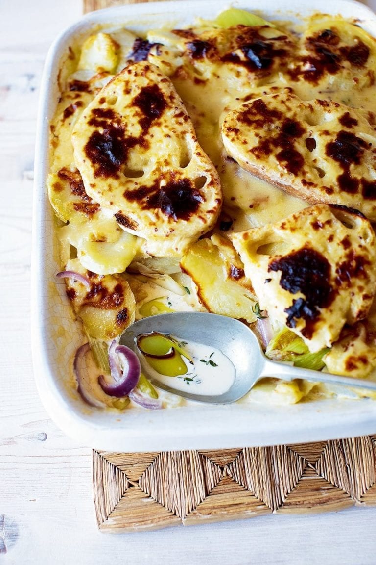 Jerusalem artichoke and potato bake with Welsh rarebit topping