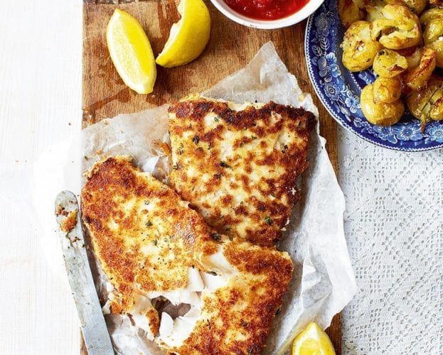 Crumbed fish with thyme potatoes and tomato relish