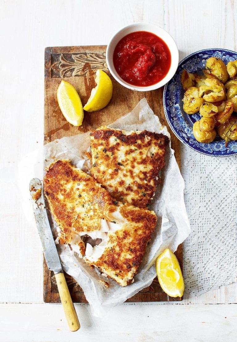 Crumbed fish with thyme potatoes and tomato relish