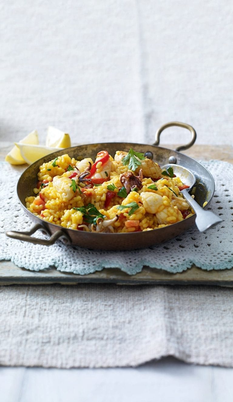 Paella with squid and roasted red peppers