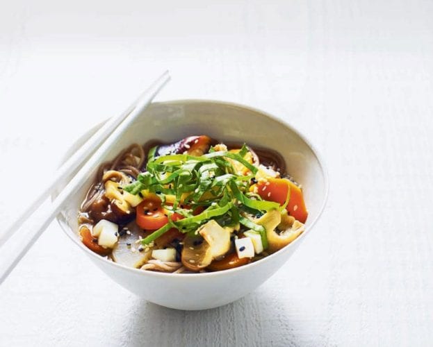 White miso soup with soba noodles