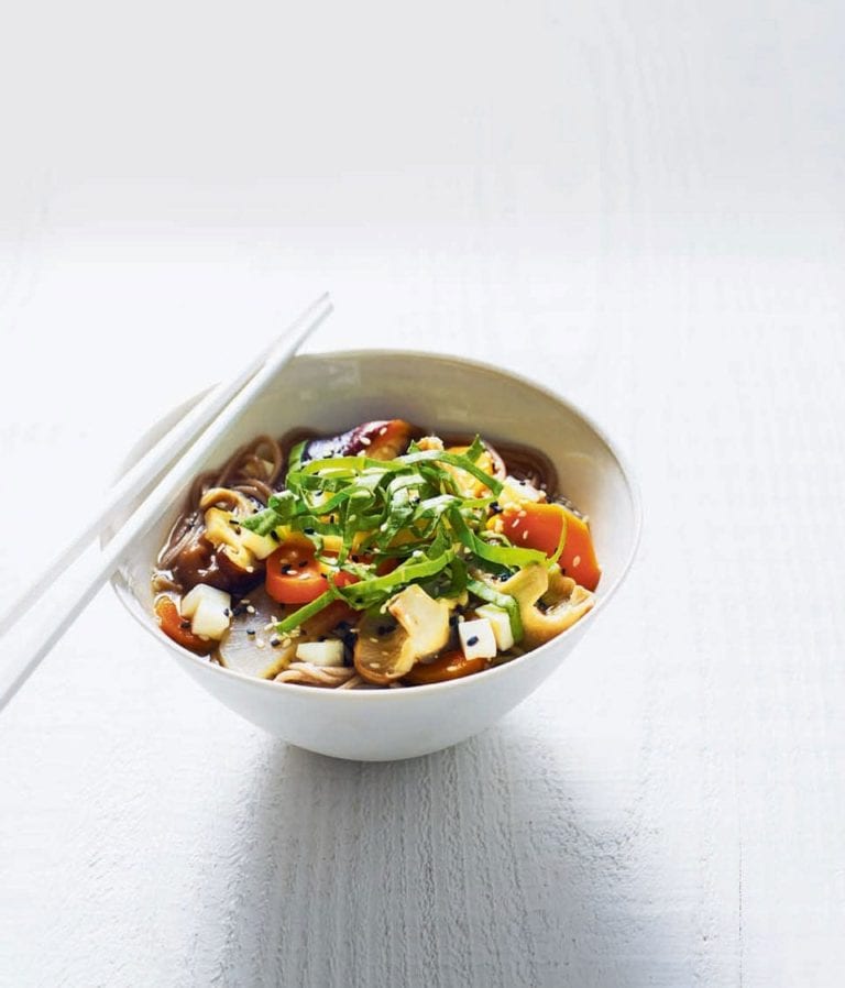 White miso soup with soba noodles