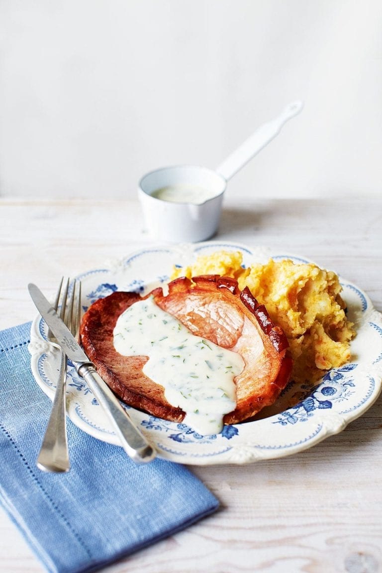 Gammon steaks with creamy parsley sauce and root veg mash