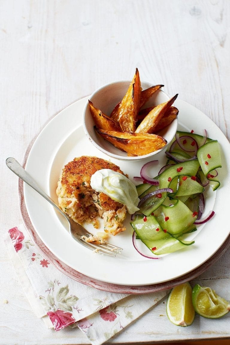 Hot-smoked salmon burgers with wasabi mayo and cucumber salad