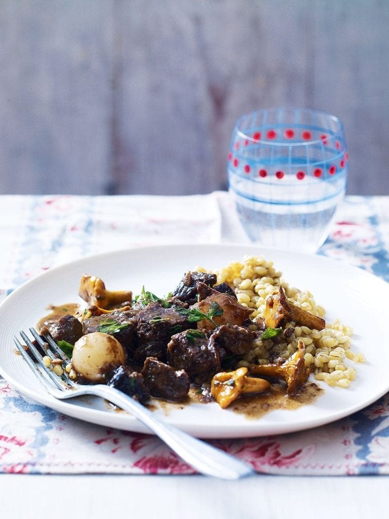 Venison and mushroom stew with pearl barley risotto