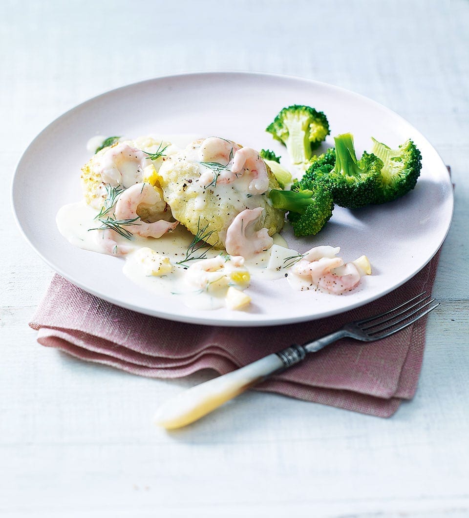 White fishcakes with prawn, egg and dill sauce recipe | delicious. magazine