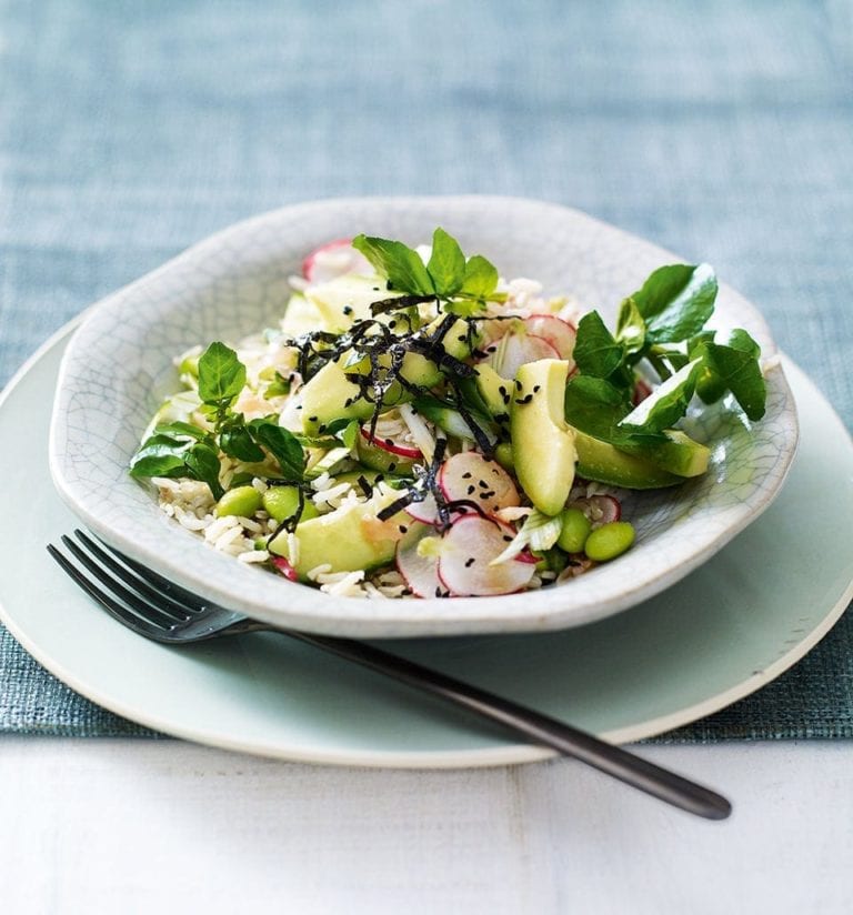 Superfood rice salad in wasabi dressing