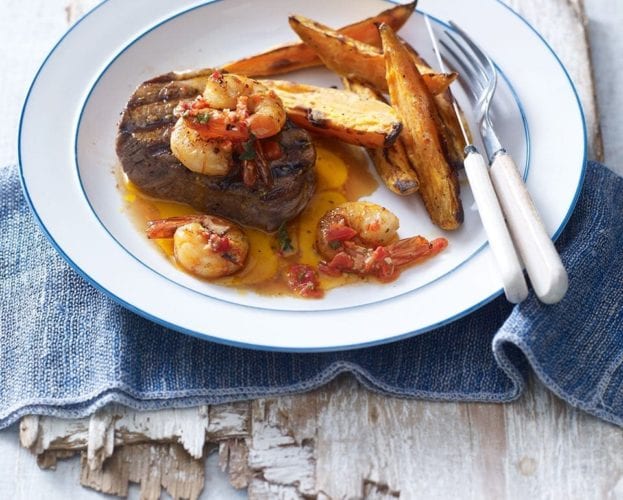 Steak with Boursin and sweet potato oven chips