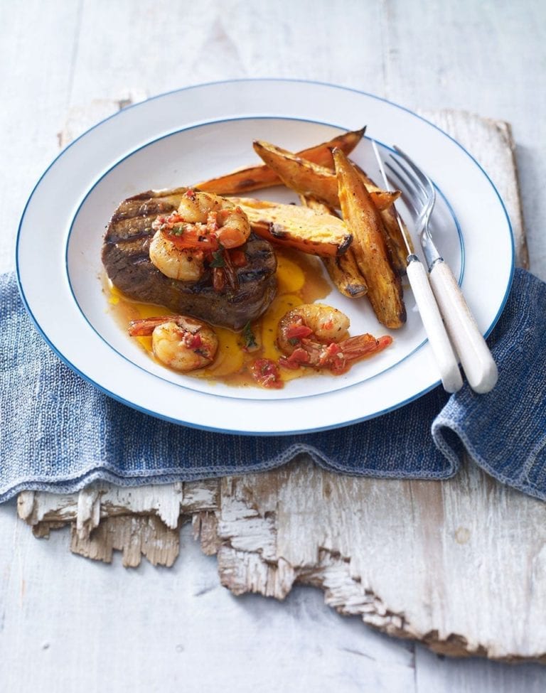 Piri-piri steak, prawns and sweet potato chips