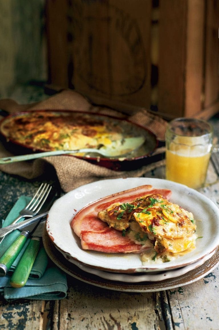 Smoked gammon with swede and potato bake