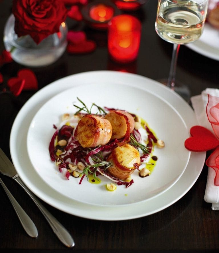 Rosemary seared scallops with pancetta, radicchio and toasted hazelnuts