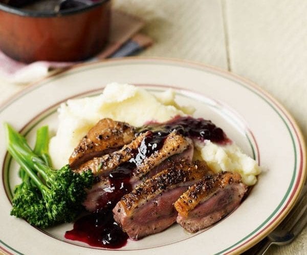 Duck with kumquat and pear chutney
