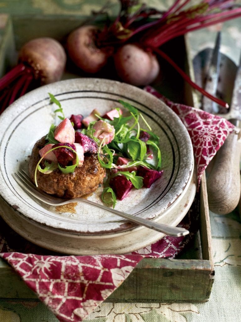 Pork and apple burgers with warm beetroot salad