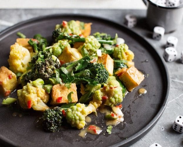 Warm salad of fried tofu, broccoli, romanesco and miso