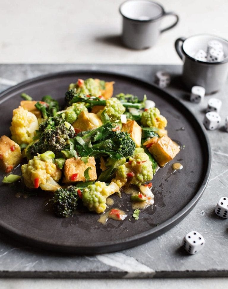 Warm salad of fried tofu, broccoli, romanesco and miso