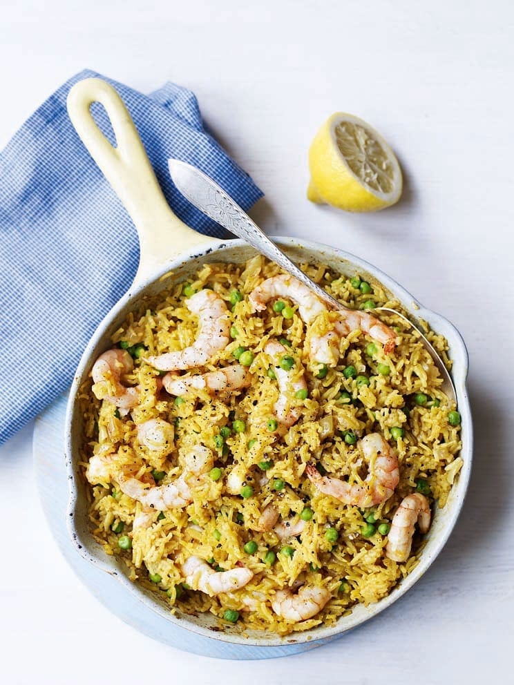 Spiced prawn and pea pilaf