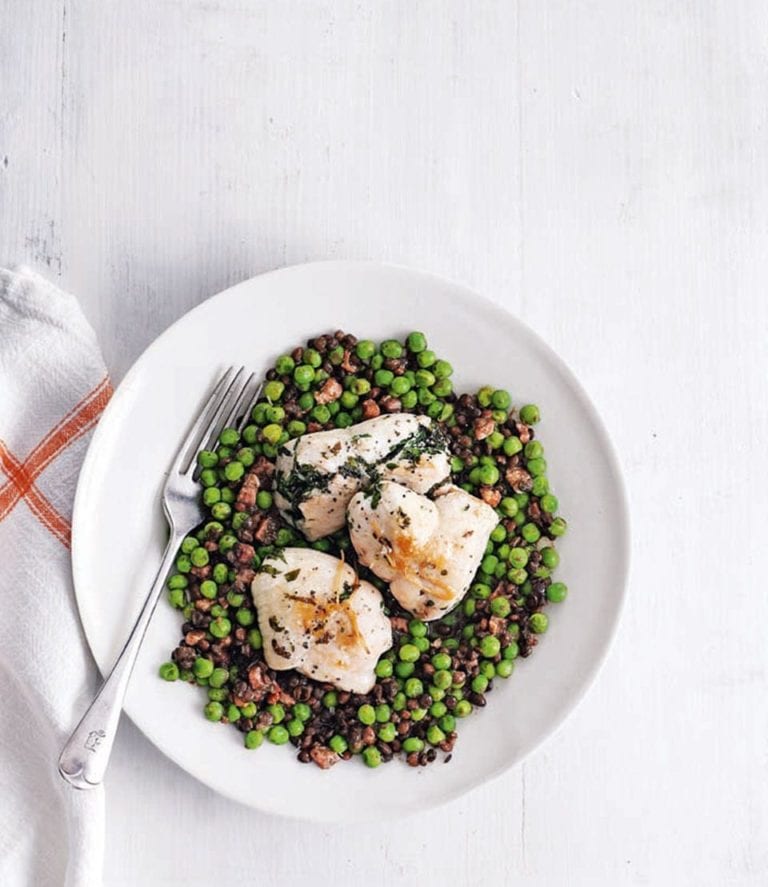 Herby chicken thighs with pea and mushroom lentils