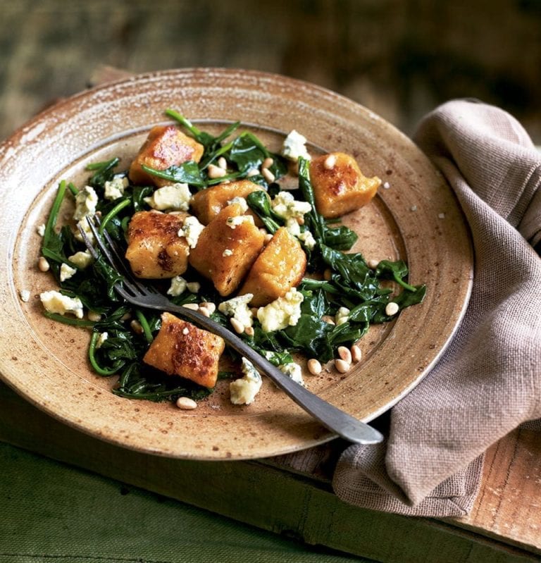 Sweet potato and parsnip gnocchi with blue cheese and pine nuts