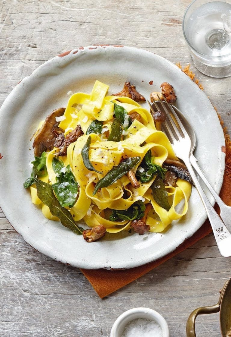 Mushroom and spinach pappardelle with crispy sage