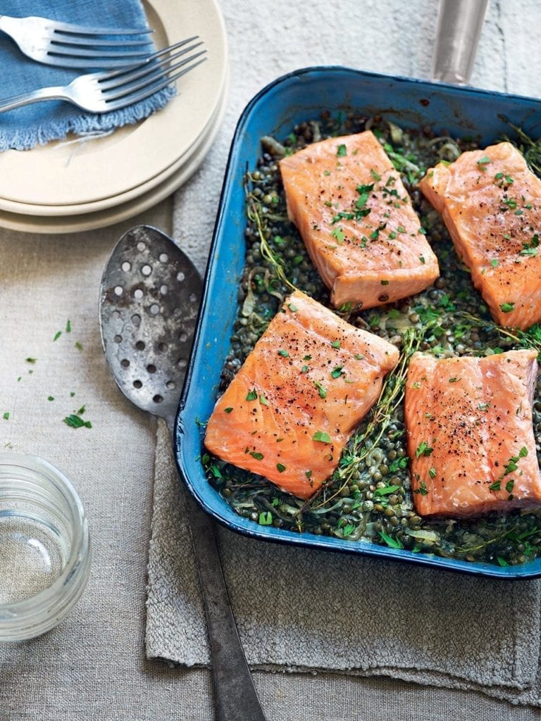 Salmon and horseradish cream lentils