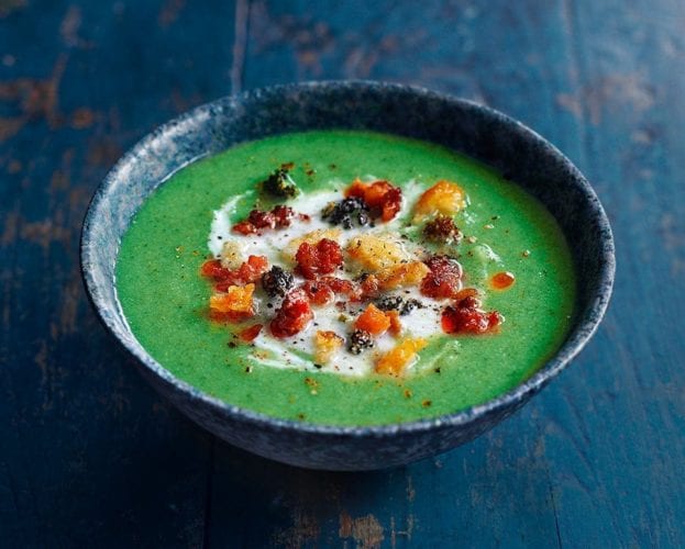 Broccoli and watercress soup with crispy chorizo crumbs