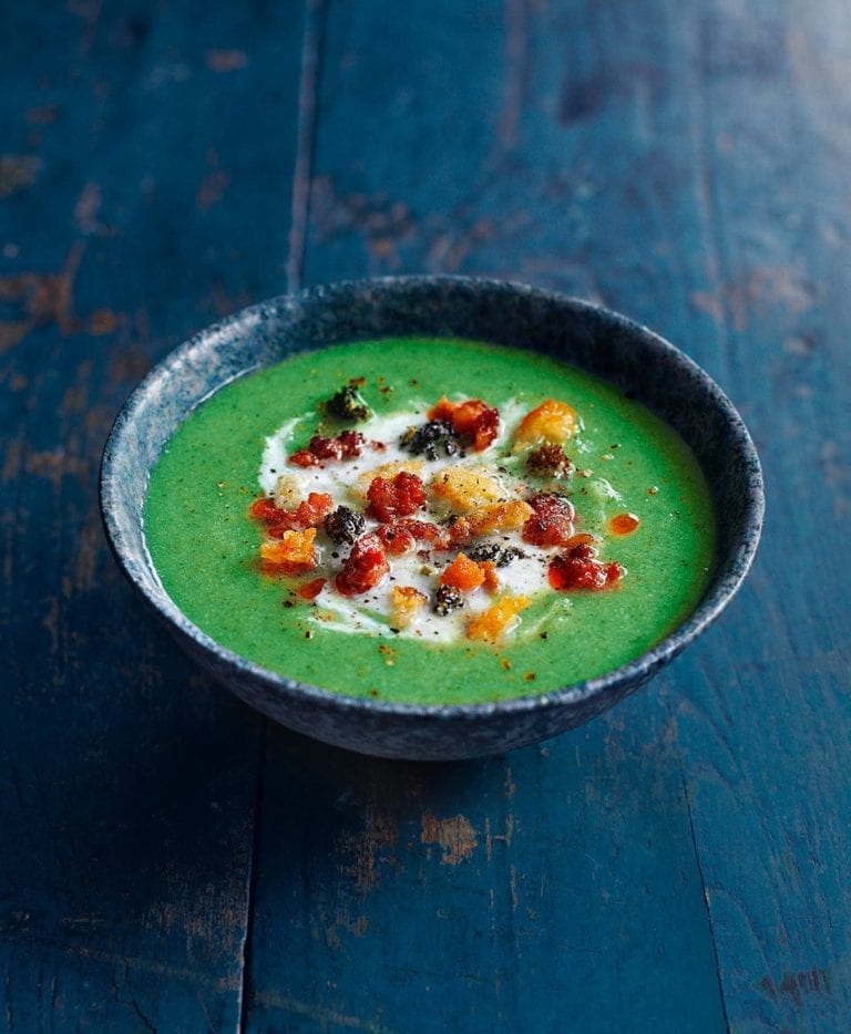 Broccoli and watercress soup with crispy chorizo crumbs