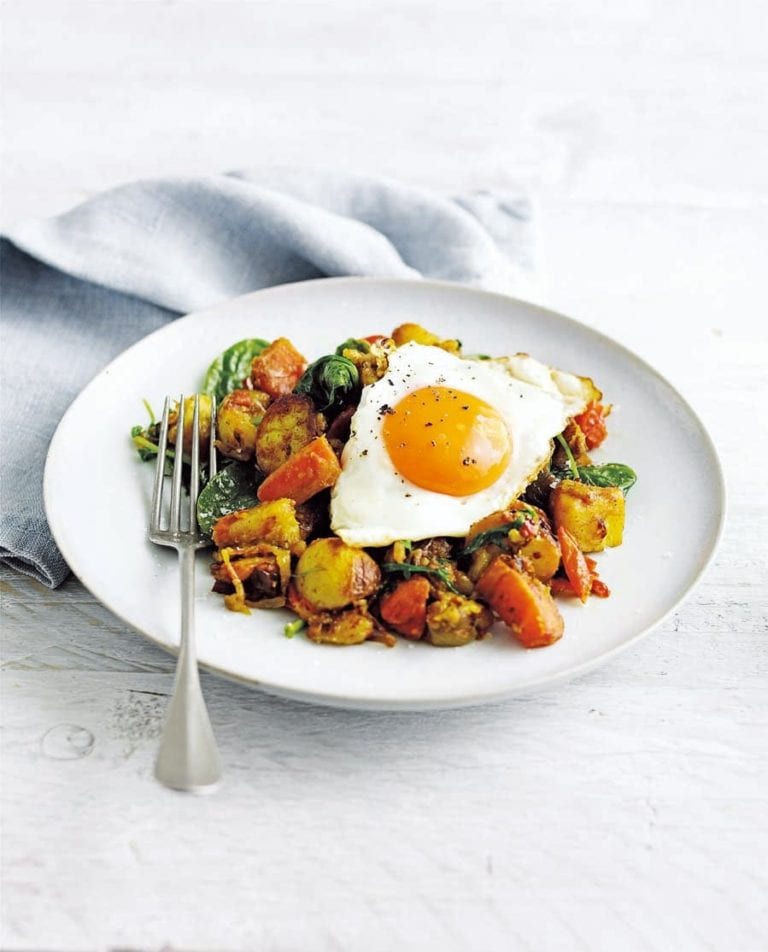 Indian bubble and squeak with fried eggs