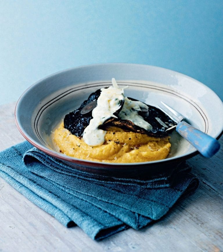 Baked mushrooms with polenta and cheese sauce