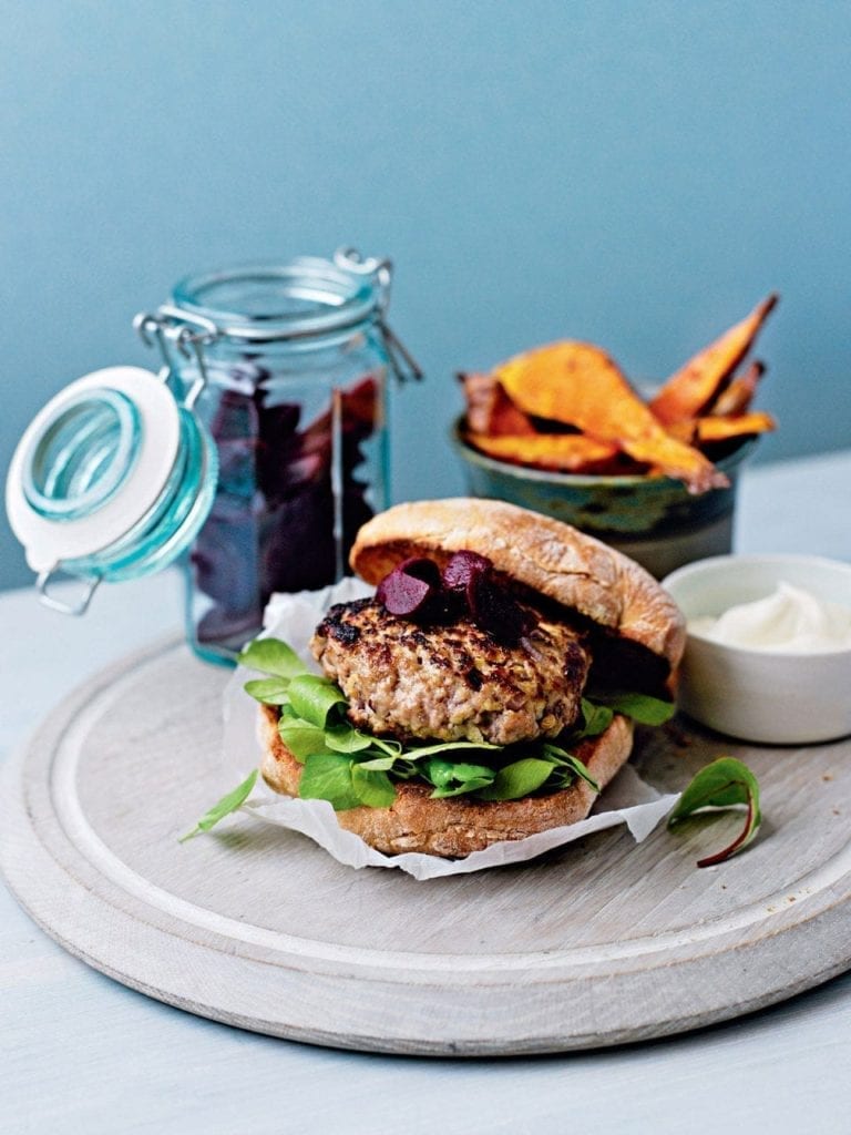 Pork burgers with sweet potato wedges