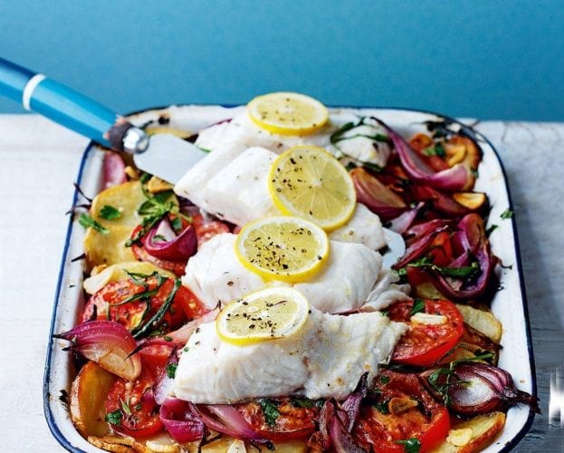 Roasted fish with bean and herb salad