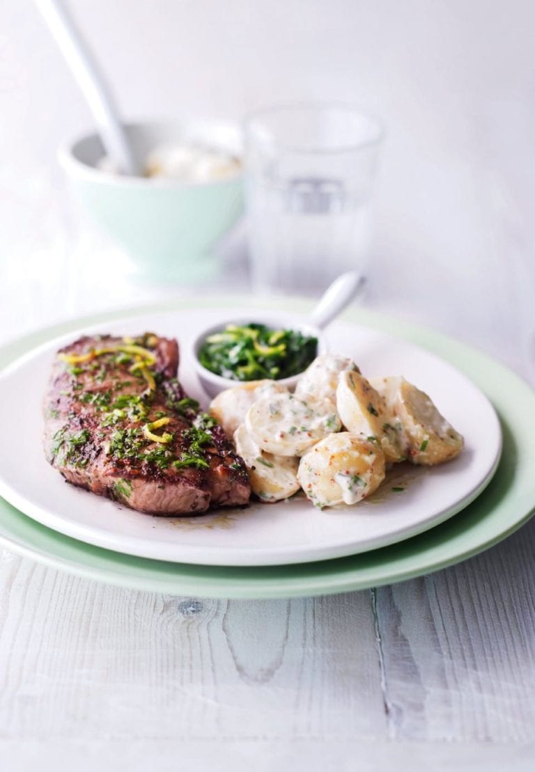 Gremolata steak with warm potato salad