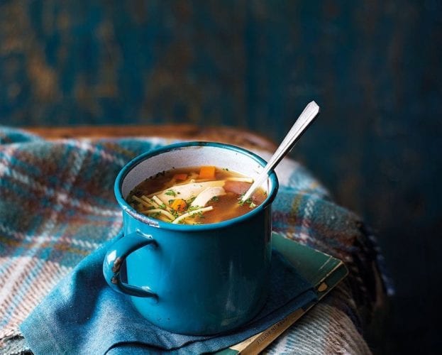 Chicken noodle soup in a mug