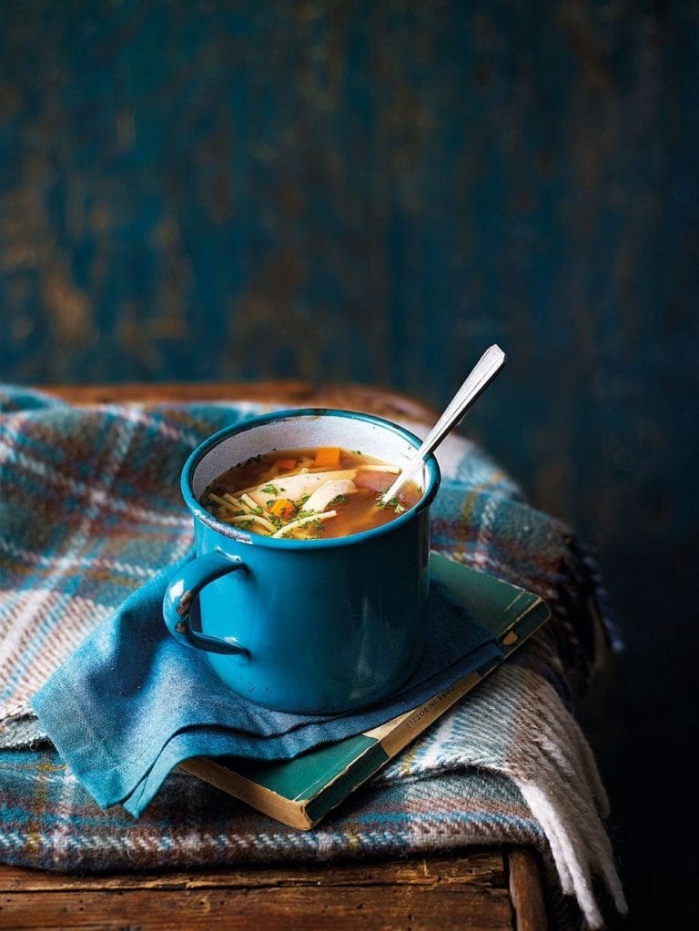 Chicken noodle soup in a mug