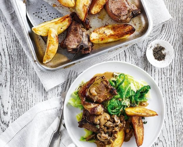 Sweetcorn houmous with lamb chops and tomatoes
