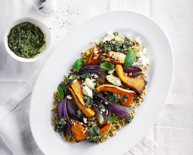 Brown butter pumpkin salad with pomegranate and burrata