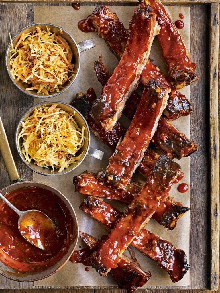 Roast pork ribs with sticky marmalade glaze