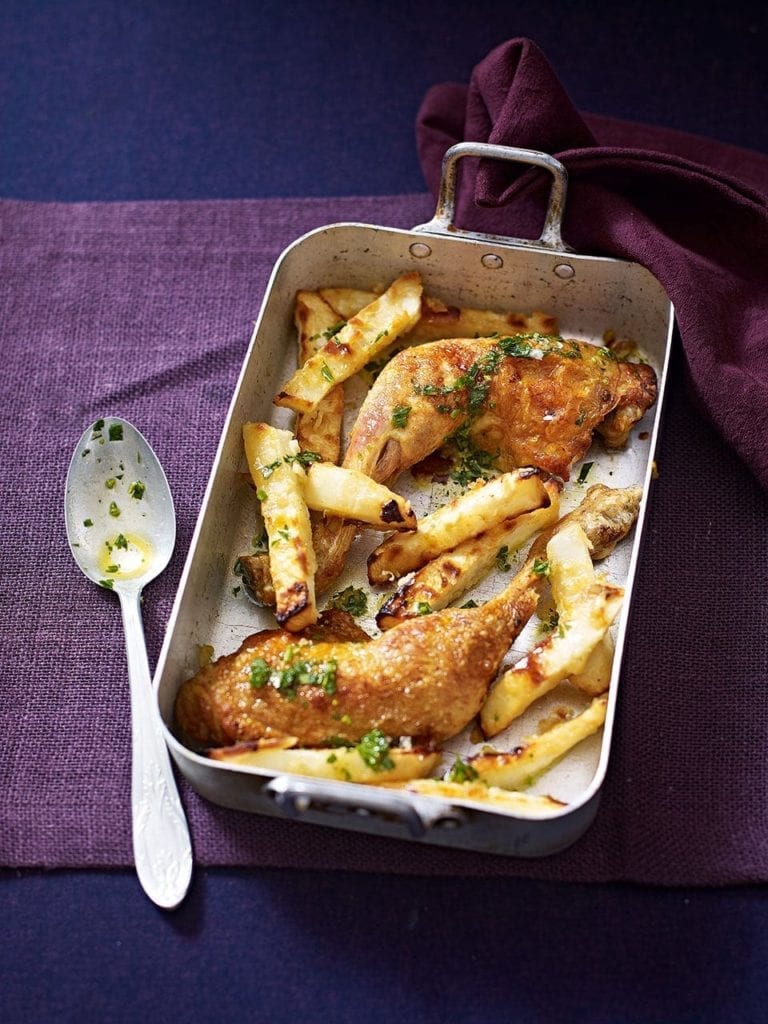 Roast chicken with celeriac chips with tarragon dressing