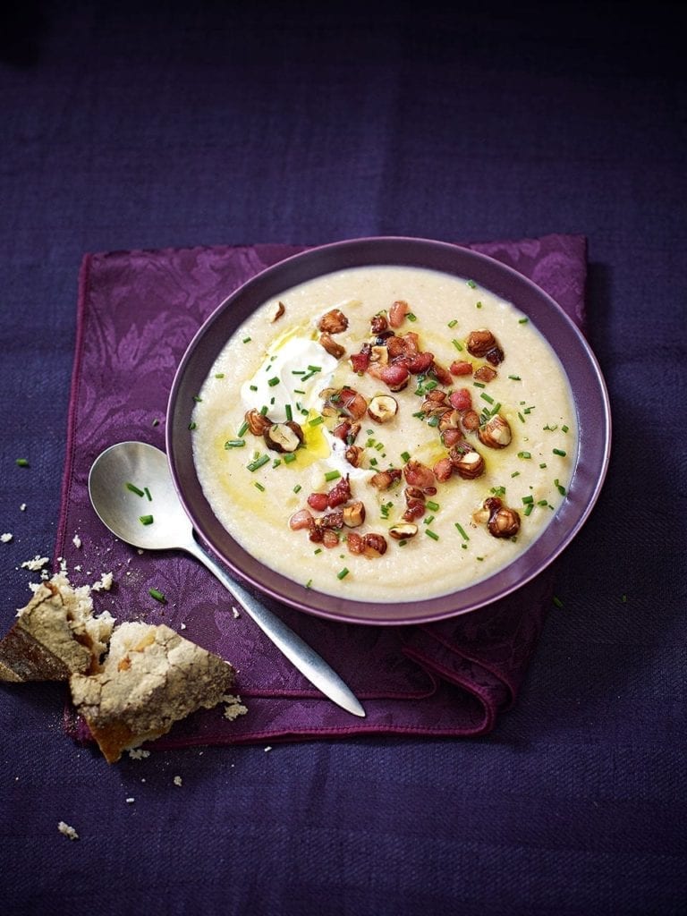 Celeriac, pancetta and hazelnut soup