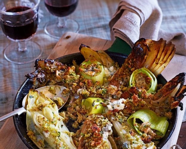 Braised chicory and leeks with lanark blue cheese