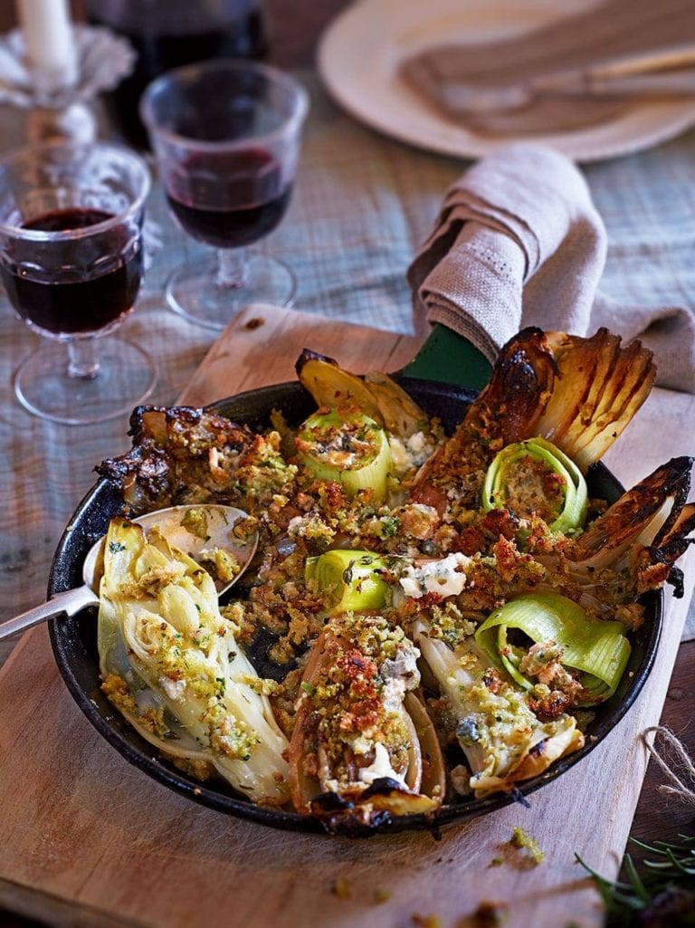 Braised chicory and leeks with lanark blue cheese