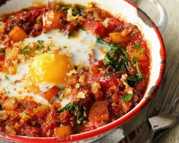 Breakfast eggs with chorizo, avocado and feta