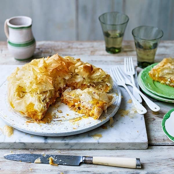 Pumpkin, feta and pine nut filo layer pie