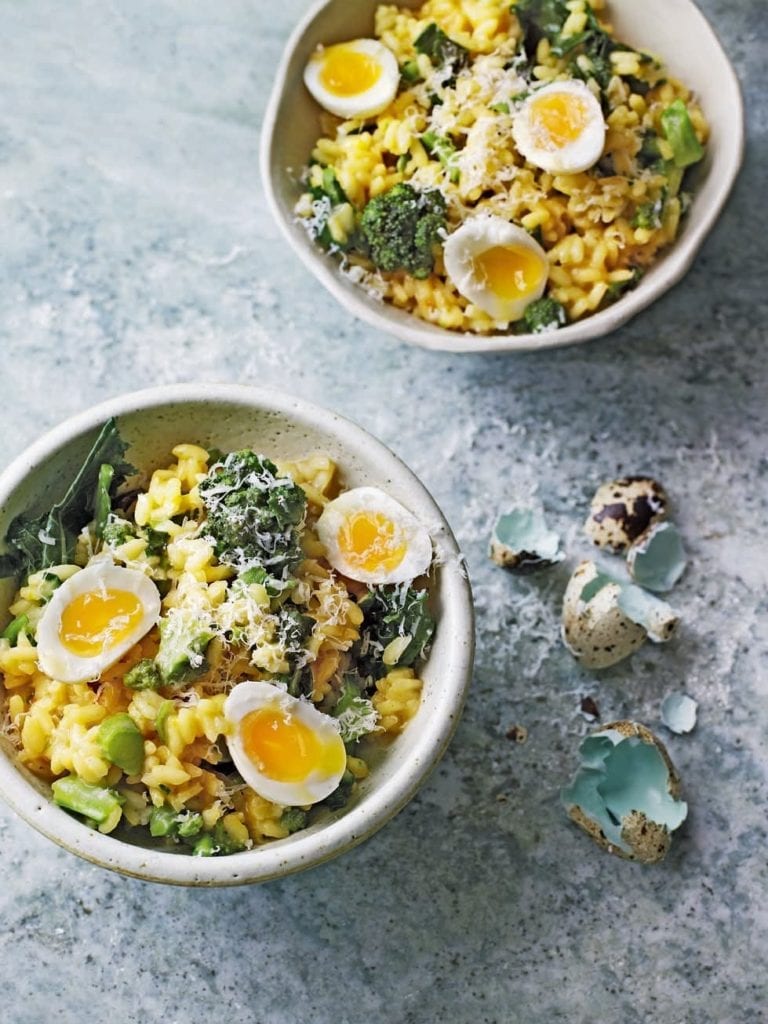 Saffron and quail egg risotto with purple sprouting broccoli